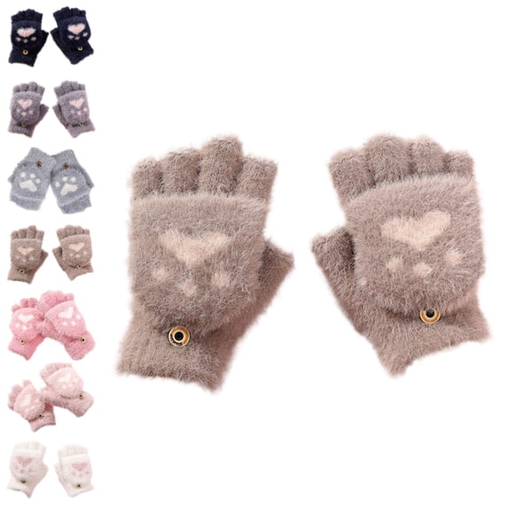 Bmisegm Warm Gloves Convertible Flip Design Cat Cartoon Button Closure for Kids Boys Girls Thermal Gloves Khaki 7-18 Years