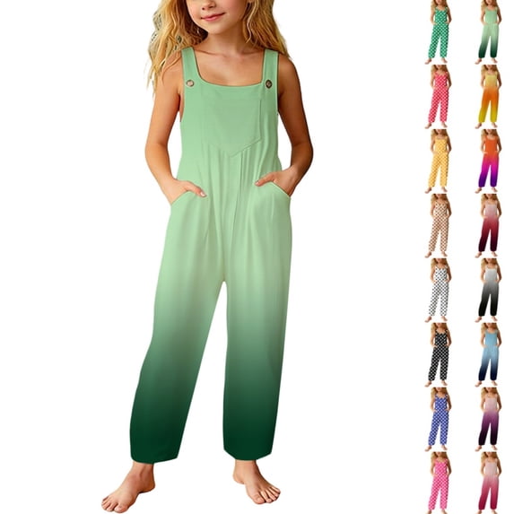 Bmisegm Wide Leg Jumpsuit Stylish Casual Loose Fit Girls Gradient Color Long Pants with Pockets Casual Romper for Kids 5-14 Years 01_Green,7-8 Years