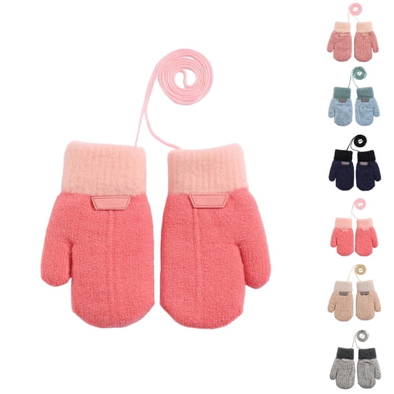 Bmisegm Winter Gloves Kids Detachable Lanyard Double Layer Thermal Knitted Mittens Soft Cold Weather Handwear Pink