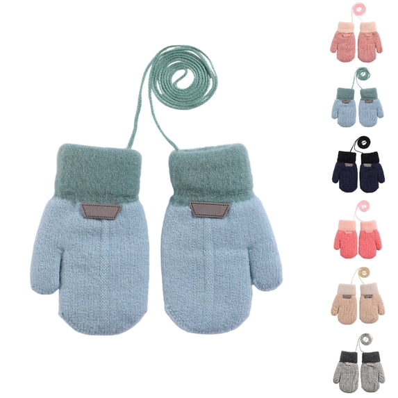 Bmisegm Winter Gloves Kids Detachable Lanyard Double Layer Thermal Knitted Mittens Soft Cold Weather Handwear Sky Blue