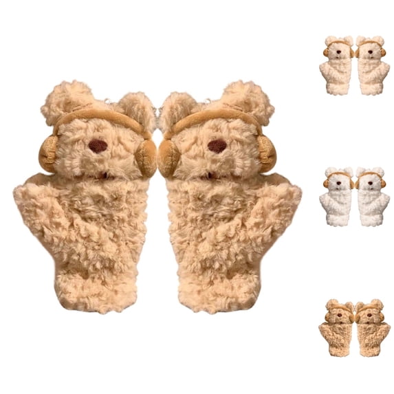Bmisegm Winter Gloves Women Adorable Bear Headphone Mittens Winter Warm Girls Soft Lined Thermal Cold Weather Plush Handwear Coffee