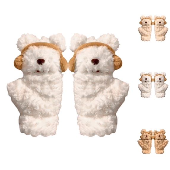 Bmisegm Winter Gloves Women Adorable Bear Headphone Mittens Winter Warm Girls Soft Lined Thermal Cold Weather Plush Handwear White