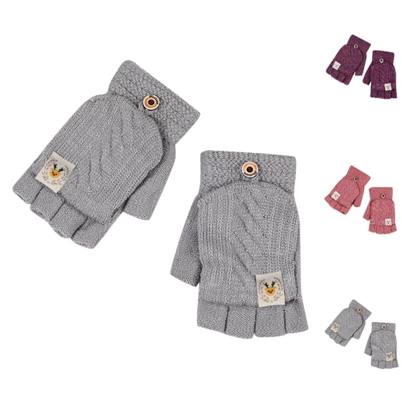Bmisegm Winter Gloves Women Half Finger Ladies Winter Student Writing Warm Knitting Wool Fingerless Flip Convertible Mittens Grey