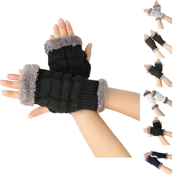 Bmisegm Winter Gloves Women Women Knitted Wool Open Finger Half Finger Short Warm Solid Color Mittens Black
