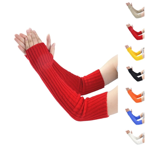 Bmisegm Winter Gloves Women Women Winter Knitted Wool Fingerless Warm Pile Stacked Sleeve Straight Long Arm Warmers Mittens Red