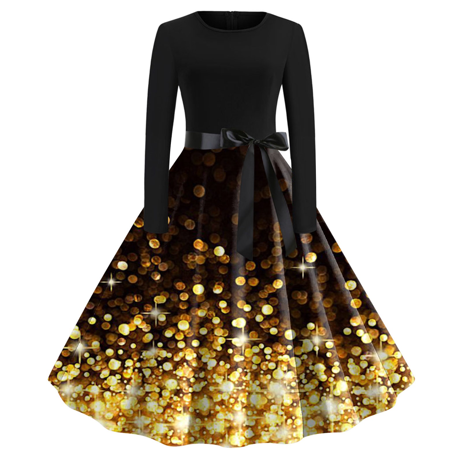 Bmisegm Women Blingbling Print Long Sleeve Crew Neck 1950s Housewife