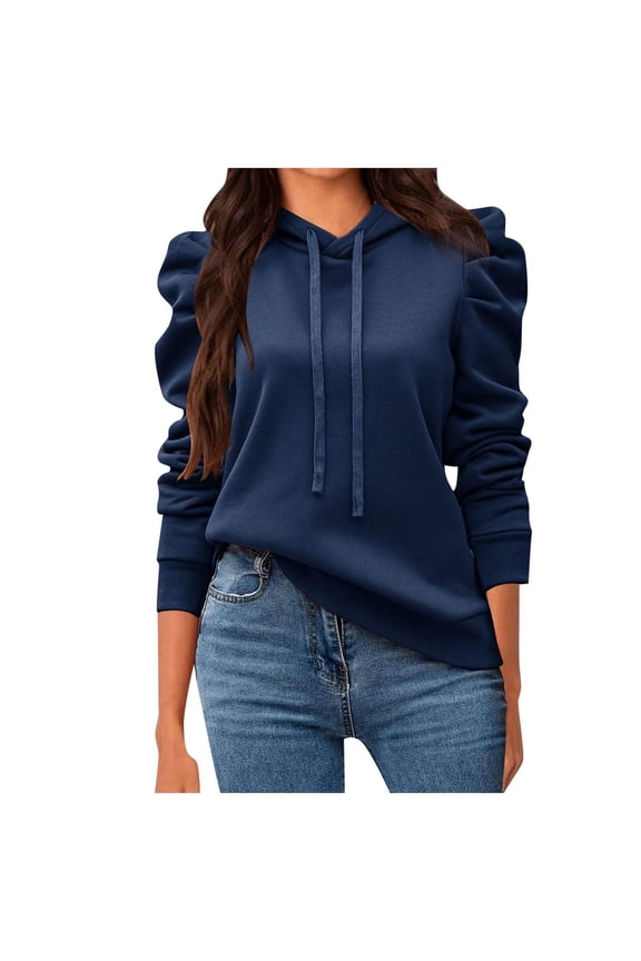 Women Casual Puff Long Sleeve Hoodies and Sweatshirts Drawstring Pullover Loose Fit Solid Shirts Dark Blue XL
