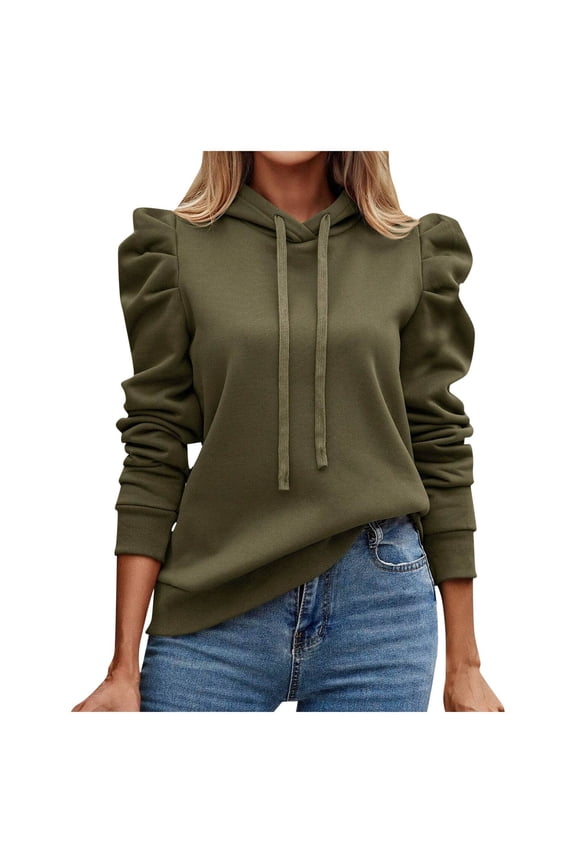 Women Casual Puff Long Sleeve Hoodies and Sweatshirts Drawstring Pullover Loose Fit Solid Shirts Green XXL