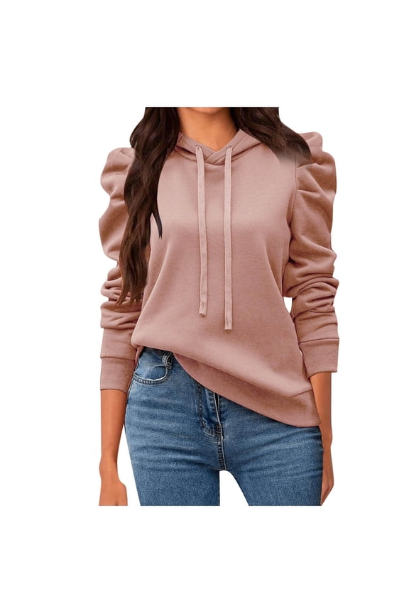 Women Casual Puff Long Sleeve Hoodies and Sweatshirts Drawstring Pullover Loose Fit Solid Shirts Pink L