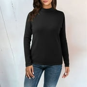 Bmisegm Women Casual Solid Color Bottoming Shirt Slim High Collar Knitted Long Sleeved Top Winter Clothes for Women Black S
