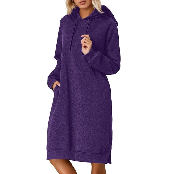 Bmisegm Women Casual Solid Color Hooded Sweater Dress with Split Hem Hoodies for Women Long Sleeve Pullover Tunic for Fall and Winter Purple XL
