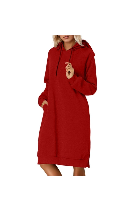Women Casual Solid Color Hooded Sweater Dress with Split Hem Hoodies for Women Long Sleeve Pullover Tunic for Fall and Winter Red L