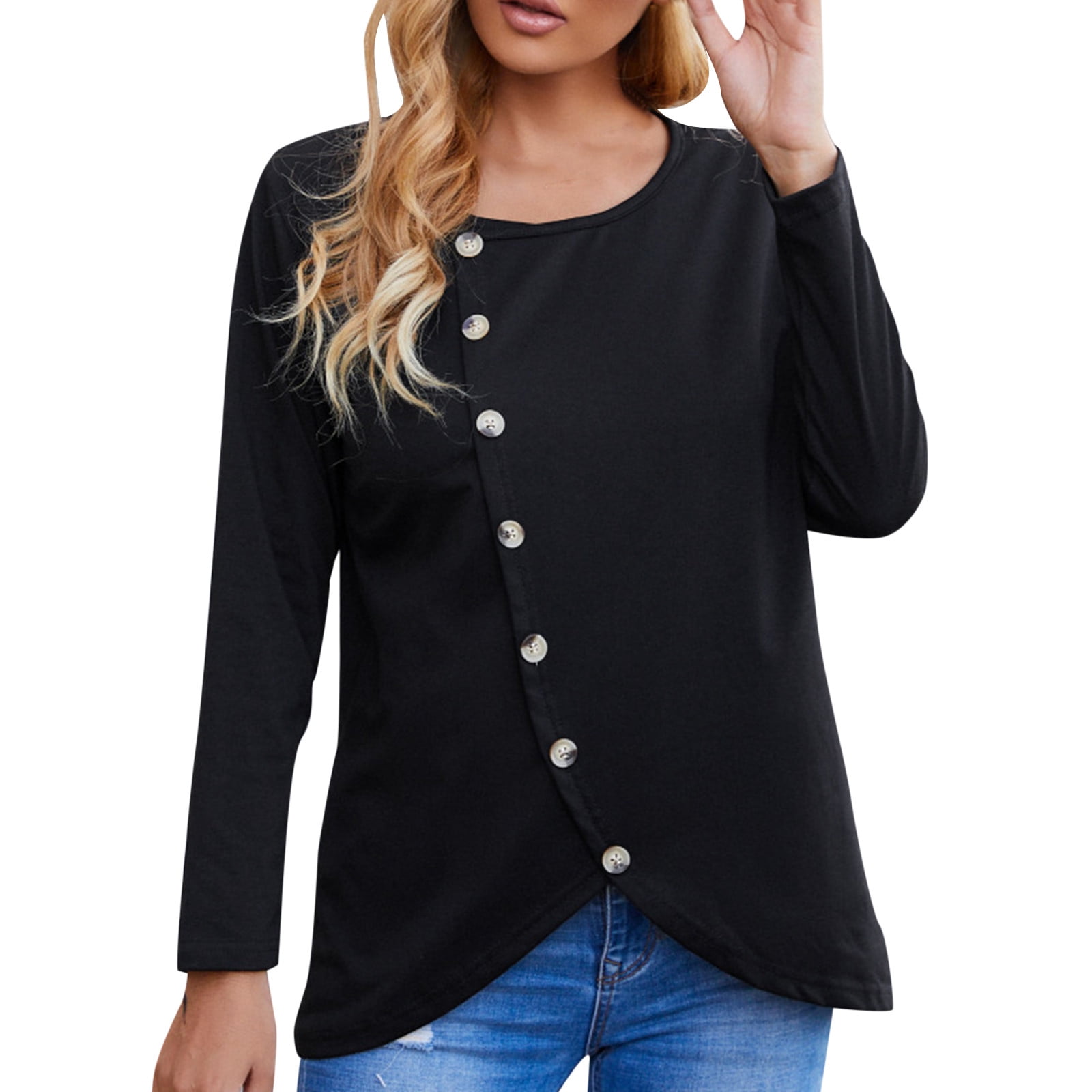 Bmisegm Women Crew Neck Long Sleeve to p Solid Button Sweatshirt Loose
