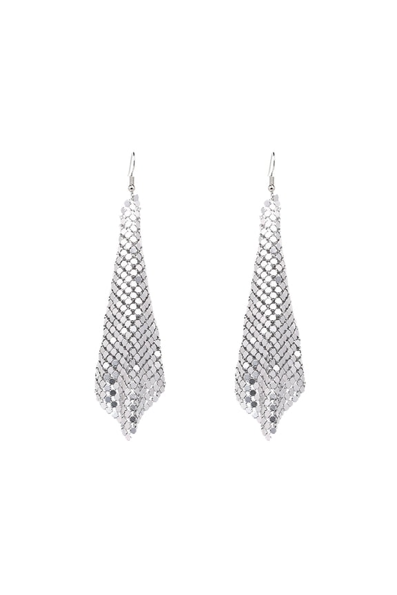 Women Earrings Metal Mesh Lattice Sequins Tassel Long Drop Dangle Earrings Earrings Silver