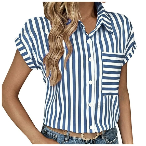 Bmisegm Women Fashion Chiffon V Neck Striped Blouse Tank Tops Short Cap Sleeve Button Down Shirt Tunic Tank Tops for Women Light Blue L