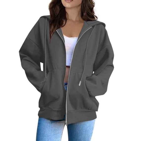 Bmisegm Women Fashion Solid Loose Hooded Zipper Hoodie Long Sleeve Jacket Womens Hoodies with Pockets for Autumn Winter GY2 L