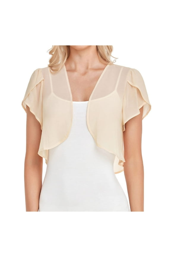 Women Fashion Solid Short Sleeve Cropped Bolero Open Front Chiffon Cardigan Cardigans for Women Beige L