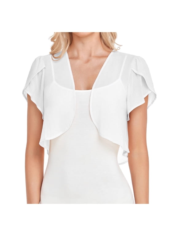 Women Fashion Solid Short Sleeve Cropped Bolero Open Front Chiffon Cardigan Cardigans for Women White L