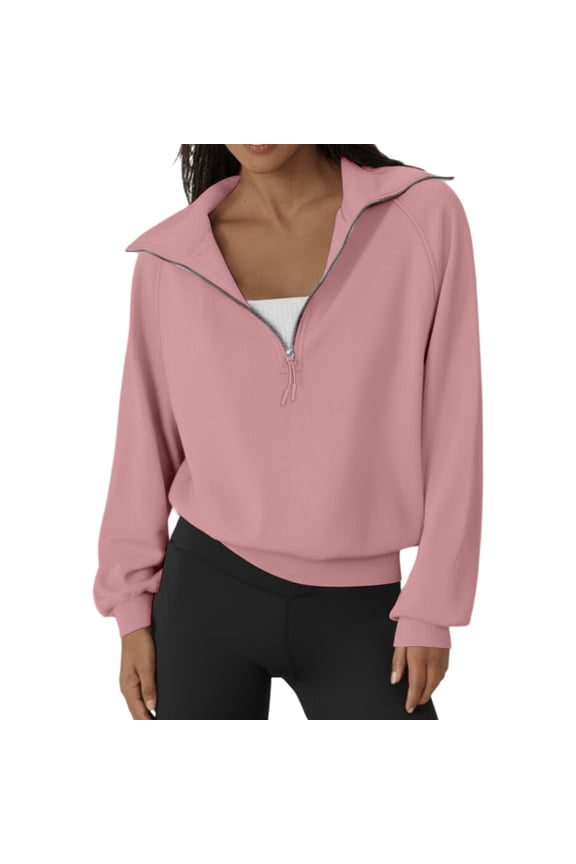 Women Half Zip Hoodless Sweatshirt Casual Long Sleeve Pullover Fall Sweatshirts for Women Lightweight Soft Pure Color for Daily Wear Pink XXL