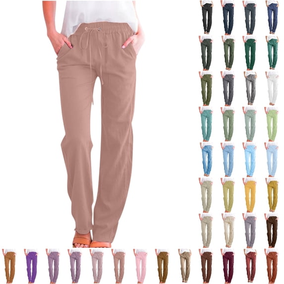 Bmisegm Women High Waisted Wide Leg Pants Casual Drawstring Elastic Trousers Summer Comfy Straight Leg Long Pants with Pockets Deep Khaki M