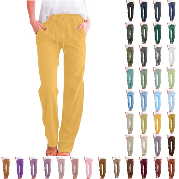 Bmisegm Women High Waisted Wide Leg Pants Casual Drawstring Elastic Trousers Summer Comfy Straight Leg Long Pants with Pockets Yellow#2 XXXL