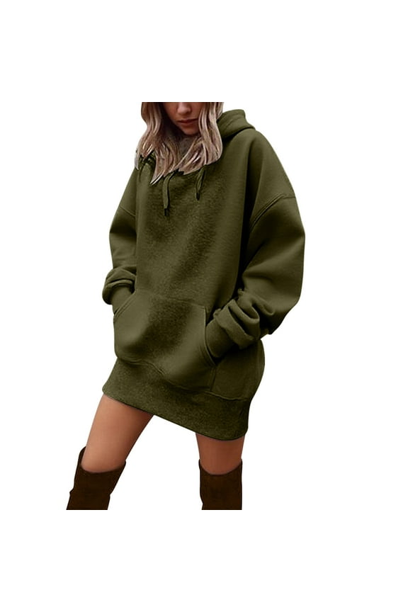 Women Hoodies Dress Hooded Sweatshirts Dress Casual Long Sleeve Tunic Dress Hoodies for Women with Pocket for Oversized Army Green M