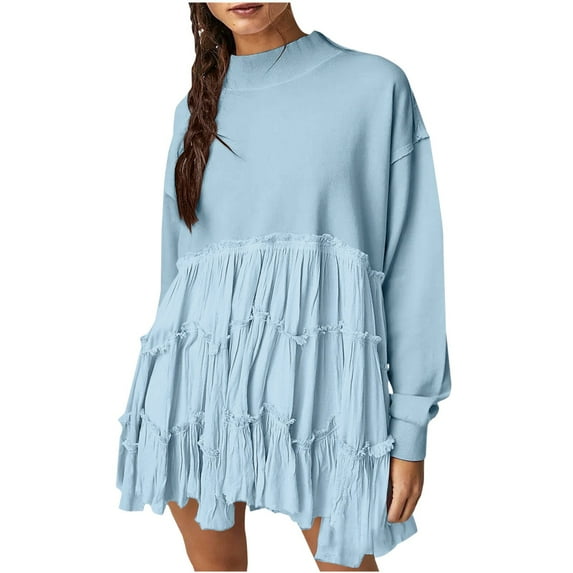 Bmisegm Women Oversized Pullover Sweatshirt Dress Long Sleeve Neck Patchwork Ruffle Loose Sweatshirts Sweatshirts for Women Blue XL