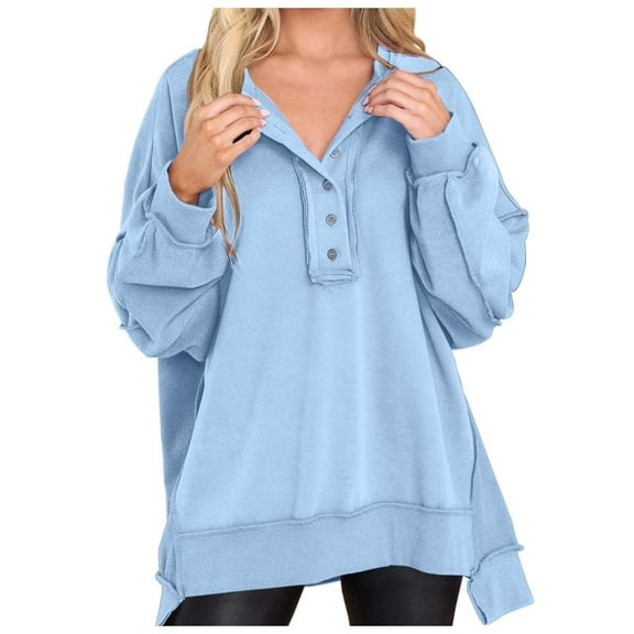 Bmisegm Women Solid Color Crew Neck Buttoned Loose Sweatshirt Casual Fall Winter Fashion Pullover Top Fall Sweatshirts for Women BU2 XL