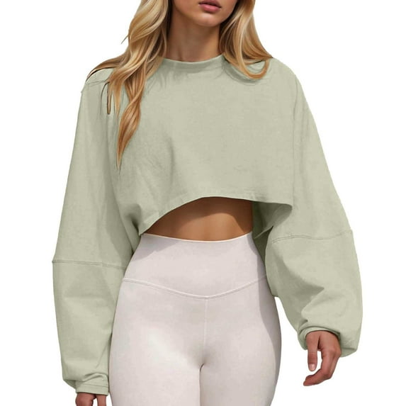 Bmisegm Women Solid Color Crew Neck Sweatshirt Long Sleeve Womens Sweatshirt Sports Bottoming Shirt Knitted Top for Daily Wear Light Green S