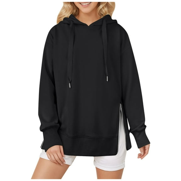 Bmisegm Women Solid Color Hooded Zippered Sweatshirt Casual Style Hoodies for Women with Side Zip Detail for Daily Wear Black L