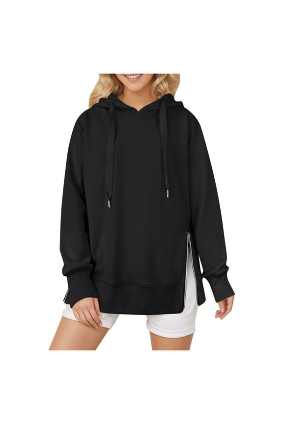 Women Solid Color Hooded Zippered Sweatshirt Casual Style Hoodies for Women with Side Zip Detail for Daily Wear Black L