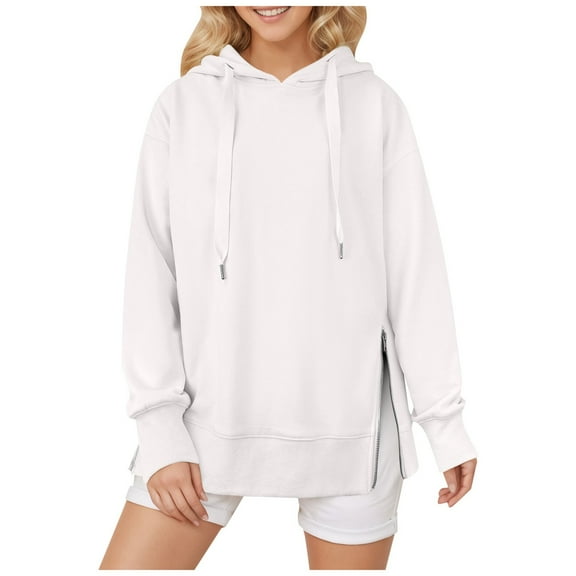 Bmisegm Women Solid Color Hooded Zippered Sweatshirt Casual Style Hoodies for Women with Side Zip Detail for Daily Wear White XL