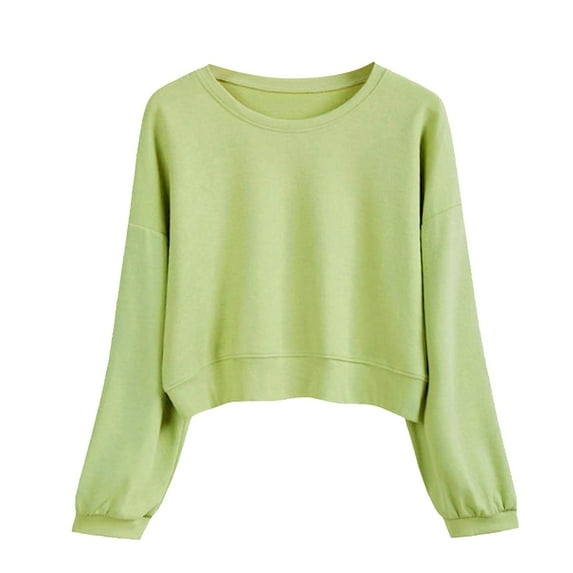 Bmisegm Women Solid Color Round Neck Casual Long Sleeve Cropped Sweater Top Sweatshirts for Women Green L