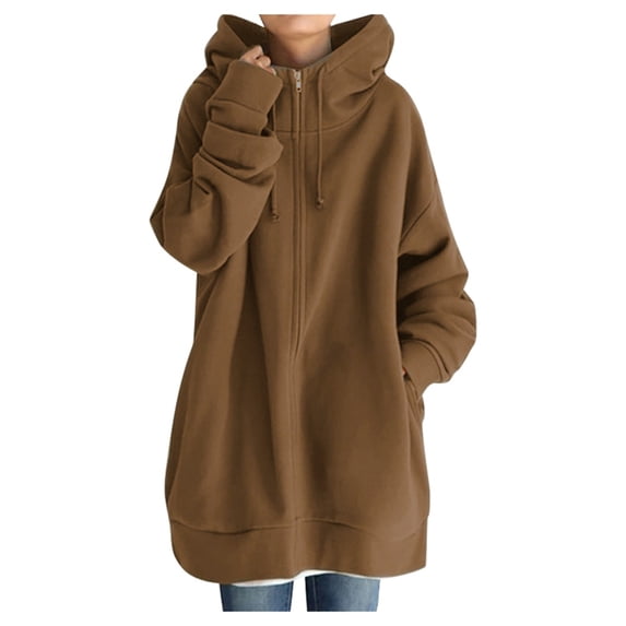 Bmisegm Women Solid Color Zippered Hooded Longline Lined Streetwear Pullover Hoodies for Women Coffee L