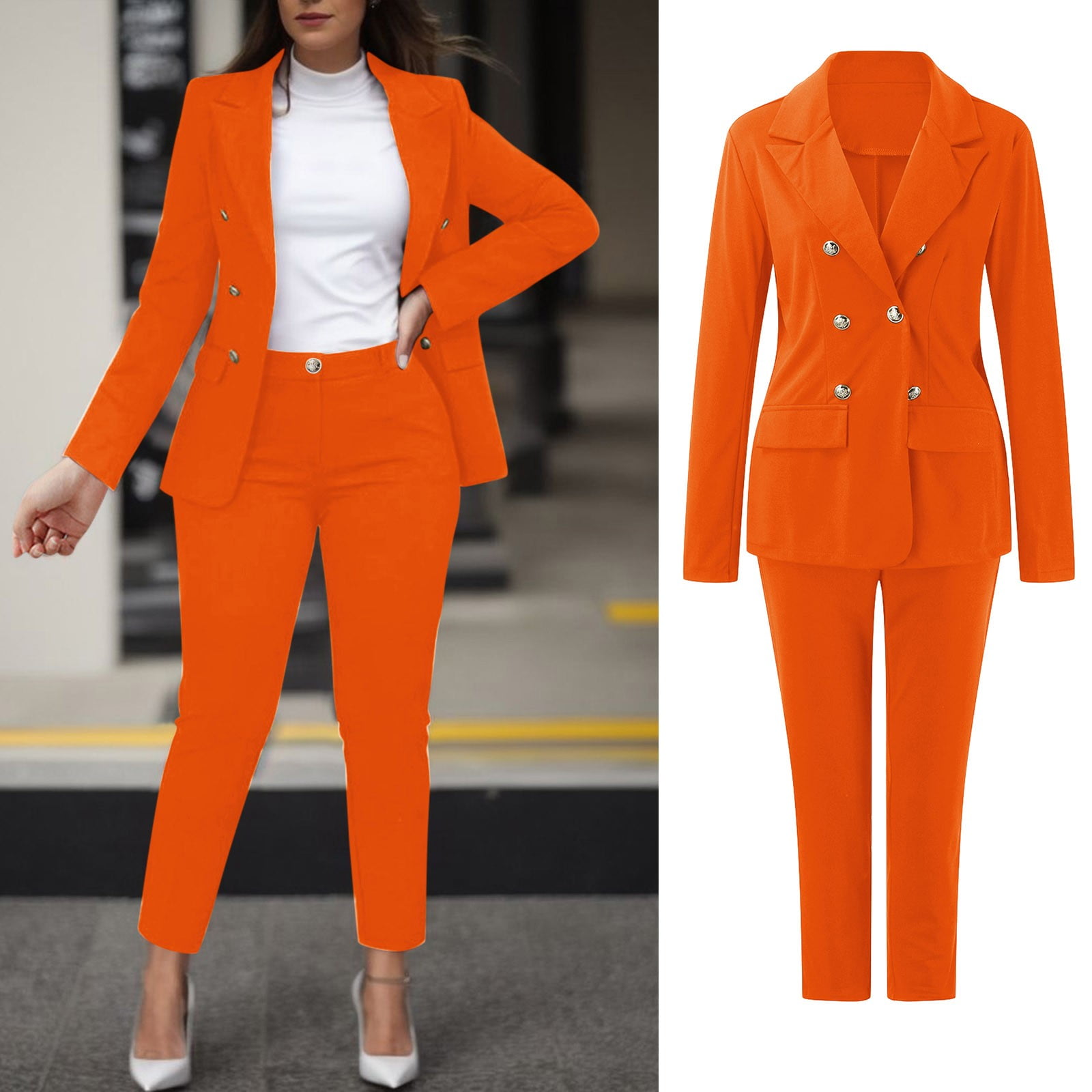 Bmisegm Women Solid Long Sleeved Suit Pockets Trousers Pants Suit Elegant Suit Orange L