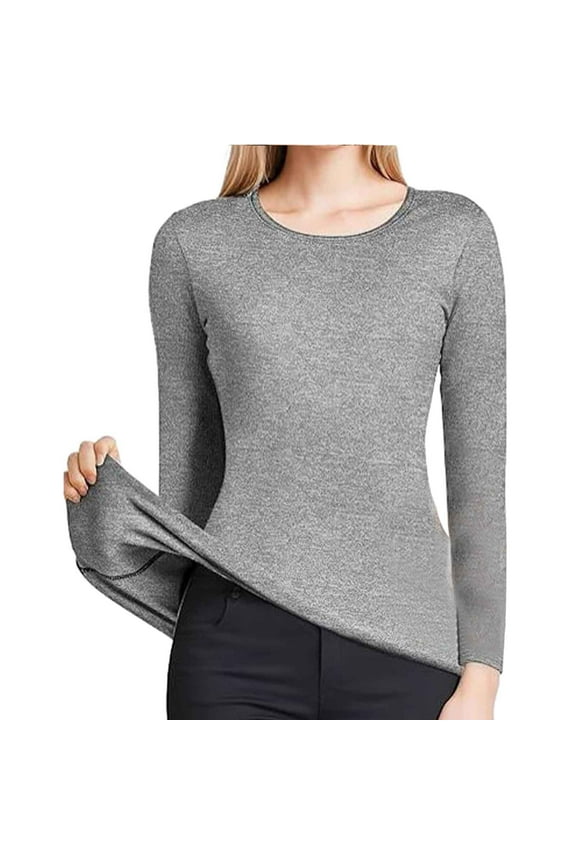 Women Solid Thermal Top Long Sleeve Round Neck Pullover T Shirt Base Top Warm Clothing Women Grey S