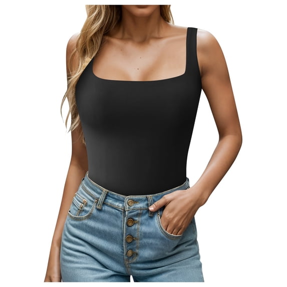 Bmisegm Women Square Neck Sleeveless Double Layer Tight Tank Top for Women Womens Tank Tops Black M