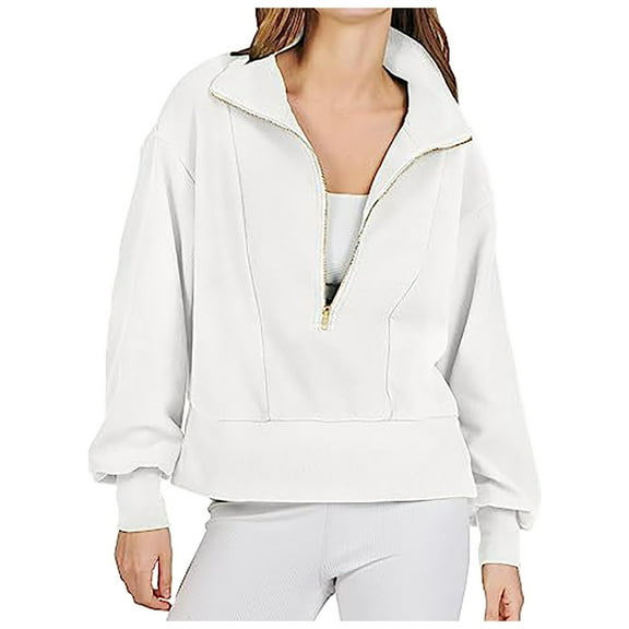 Bmisegm Women Two Piece Outfits Sweatshirt Quarter Zip V Neck Womens Sweatshirts Long Sleeve Pullover Top with Shorts Pajamas White XL