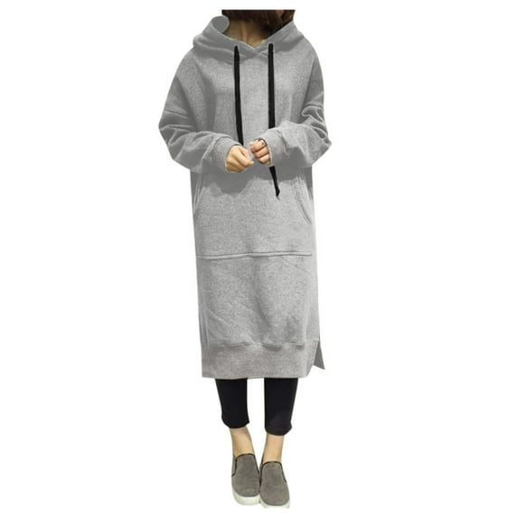 Bmisegm Women Winter Warm Hooded Hoodies for Women Baggy Pullover Oversize Sweatshirt Long Dress Grey M