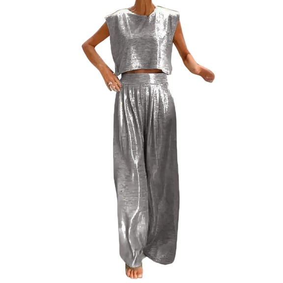 Bmisegm Women's Casual Glossy Vest and Wide Leg Pants Two Piece Set Round Neck Sleeveless Crop Top Long Pants Party Outfit Womens Pant Suit Silver XL