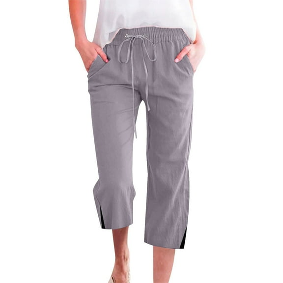 Bmisegm Women's Casual Loose Drawstring Pants with Pockets Lightweight Spring Summer Cropped Straight Leg Style for Everyday Comfort Grey L