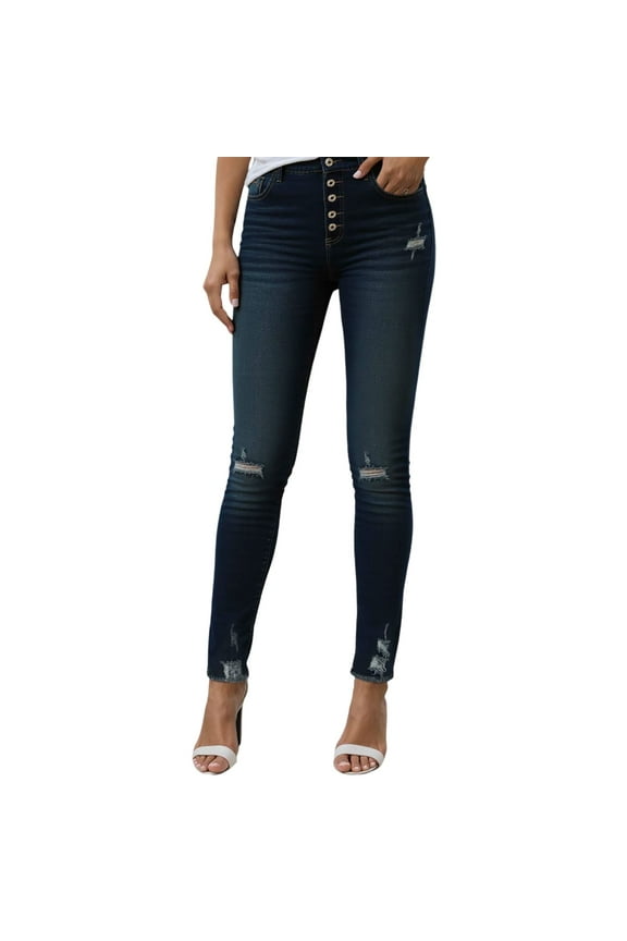 Women's Casual Pants Fashion Distressed Button Fly Skinny Jeans Trendy Loose Fit for Everyday Wear and Blue L