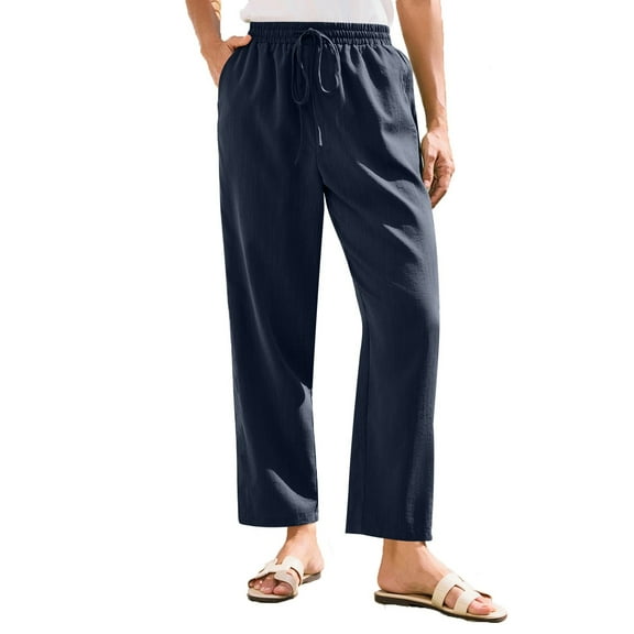 Bmisegm Women's Casual Pants High Waist Elastic Pocket Design Versatile Relaxed Fit Lightweight Linen Trousers for Everyday Wear Navy XL