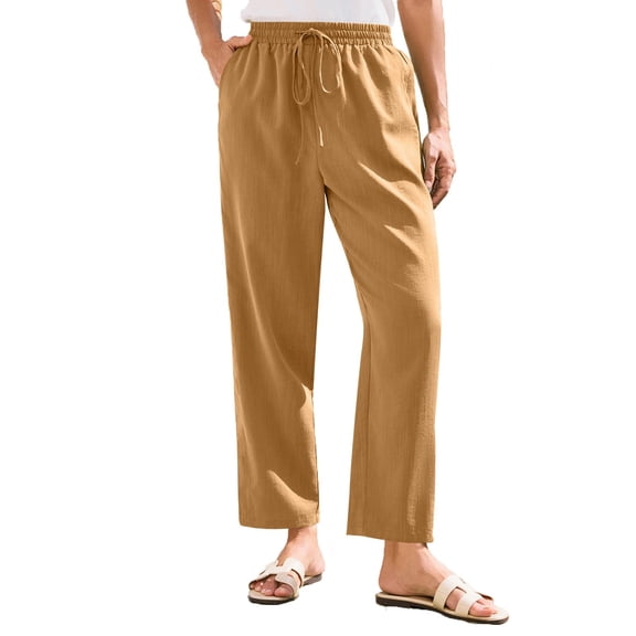 Bmisegm Women's Casual Pants High Waist Elastic Pocket Design Versatile Relaxed Fit Lightweight Linen Trousers for Everyday Wear Yellow S