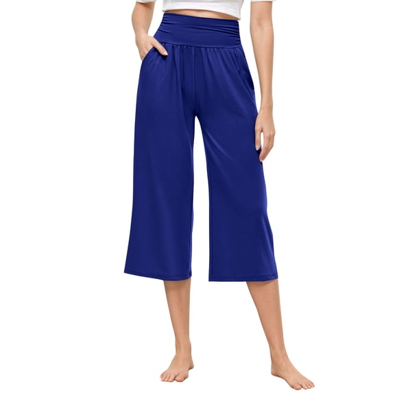 Bmisegm Women’s Casual Pants High Waisted Comfortable Summer Trousers with Drawstring Loose Fit for Everyday and Wear Blue S