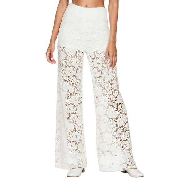 Bmisegm Women's Casual Pants High Waisted Lace Hollow Out Straight Leg Trousers for Daily Wear Parties and Nightclubs with Stretchy Elastic Waistband and Loose Fit White M