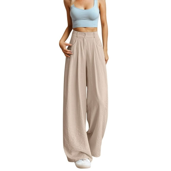 Bmisegm Women's Casual Wide Leg Pants Lightweight Palazzo Trousers for Everyday Relaxed Fit Comfortable Elastic Waist Pants Khaki M