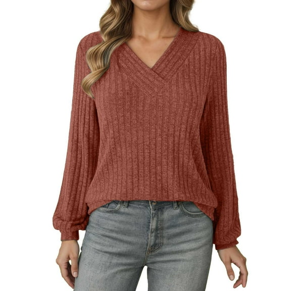 Bmisegm Women's European Autumn Casual Pullover V Neck Striped Loose Long Sleeve Top Sweatshirts for Women for Sweater Style Brown XXL