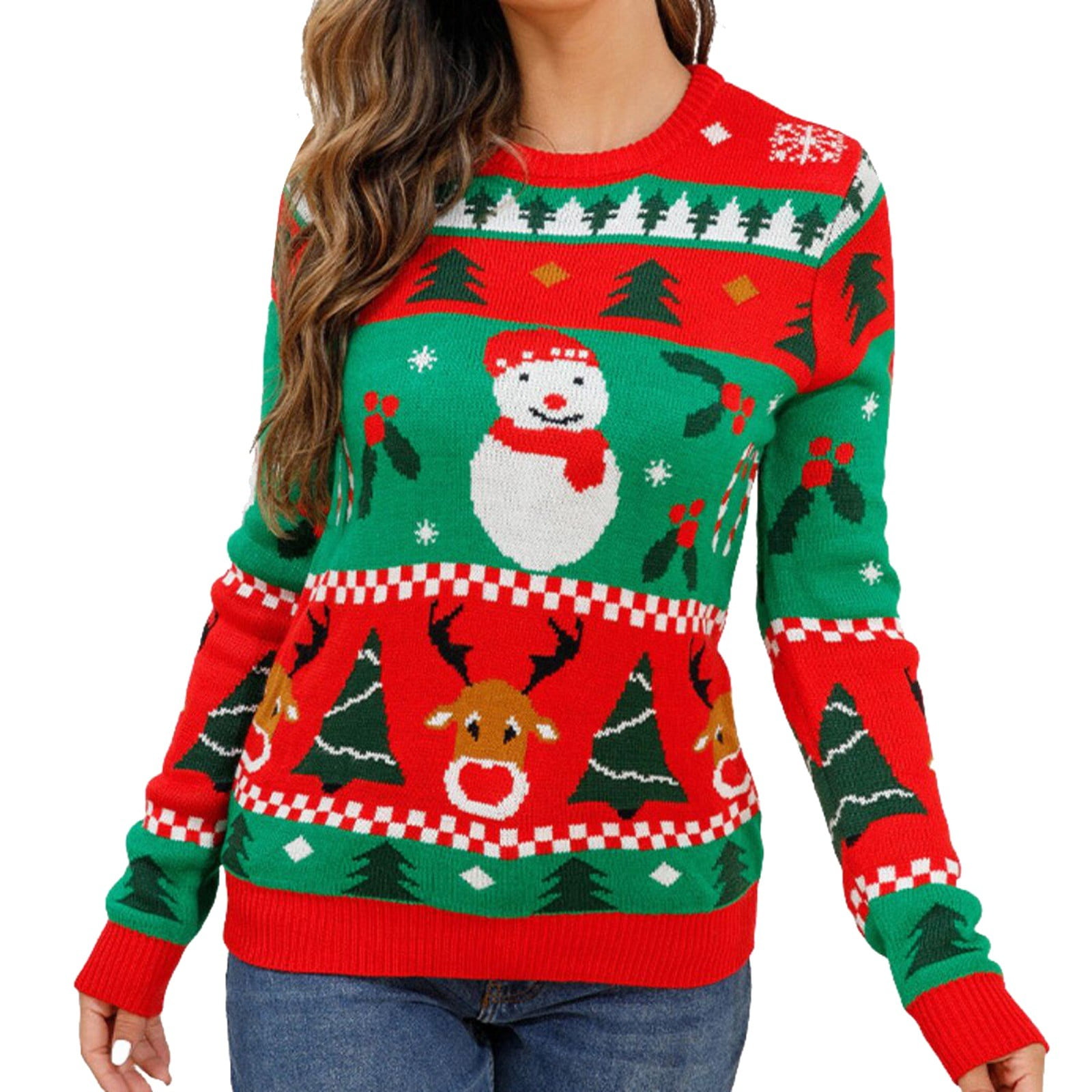 Bmisegm Women's Fashion Christmas Sweater Contrast Snowman and Deer