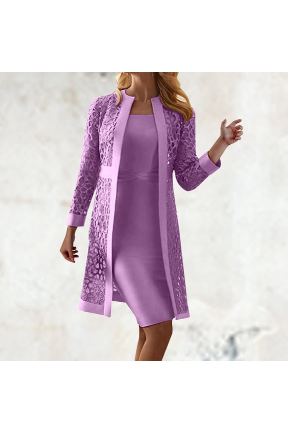 Women's Fashion Elegant Dresses Sets Long Sleeve Hollow Out Lace Cardigans Formal Dress Party Dress Knee Length Evening Dress Two Piece Set L